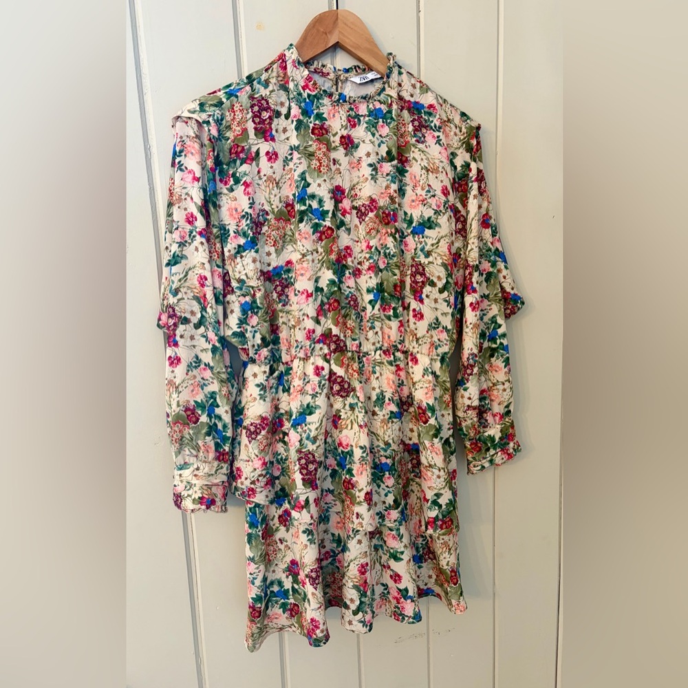 Zara  Floral Mini Ruffle Long Sleeve Dress women’s S feminine spring wedding